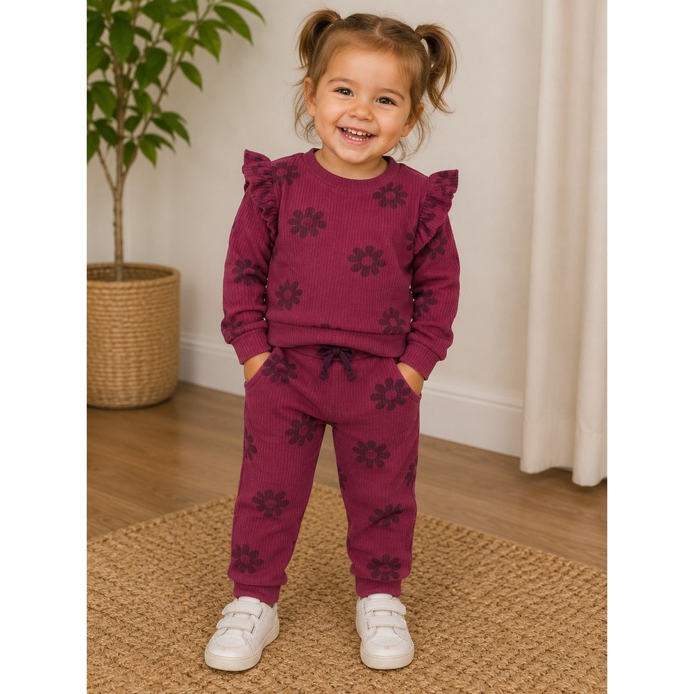 Jessica Simpson Girls 24M Magenta Ribbed Floral Ruffle Top and Leggings Set